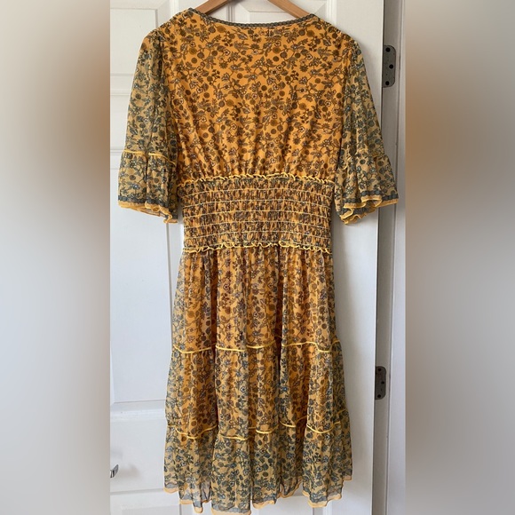 Max Studio Flowy Floral Boho Bell Sleeve Dress with Ruching on Waist - Picture 2 of 6